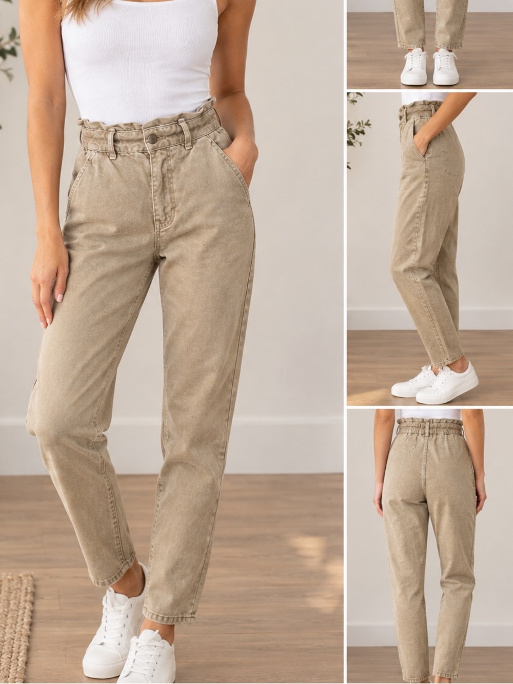 Zara Paperbag Waist Tapered Pants Beige SZ 2